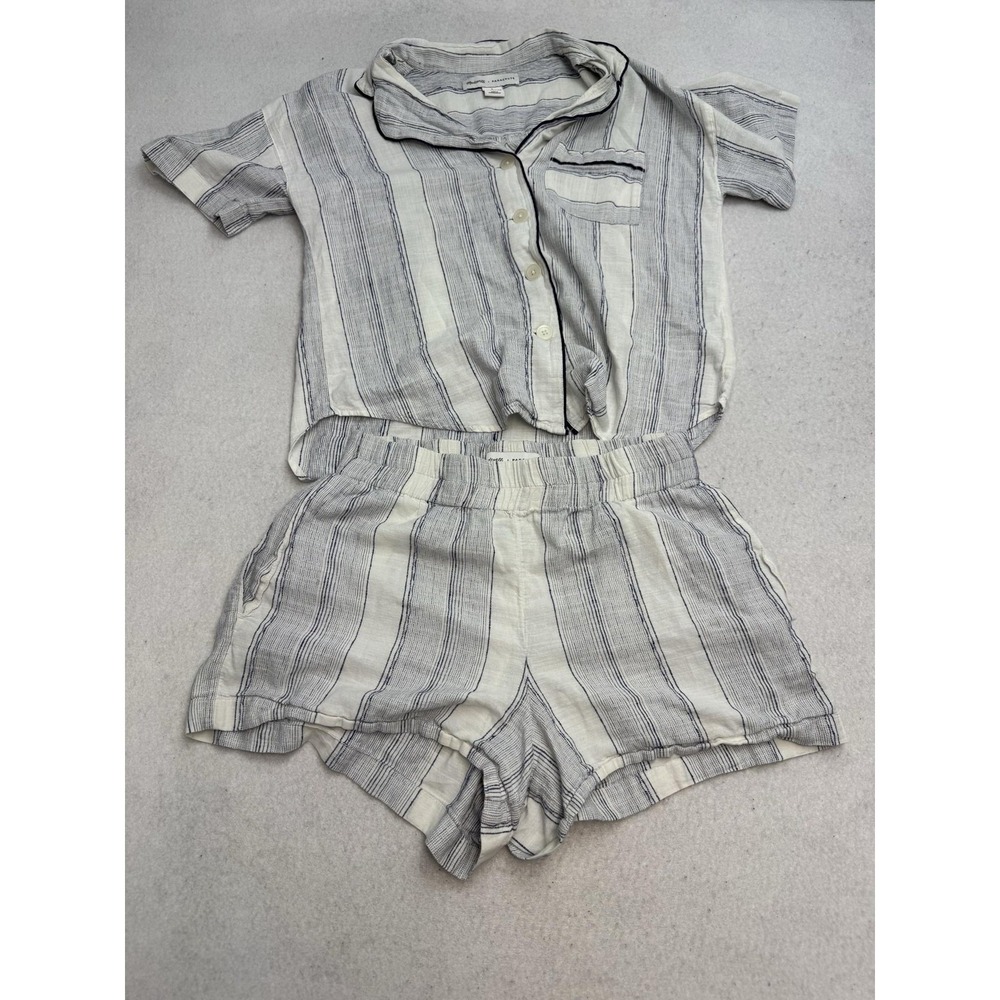Madewell X Parachute Pajama Set Women's Small White Striped Cotton Shirt Shorts